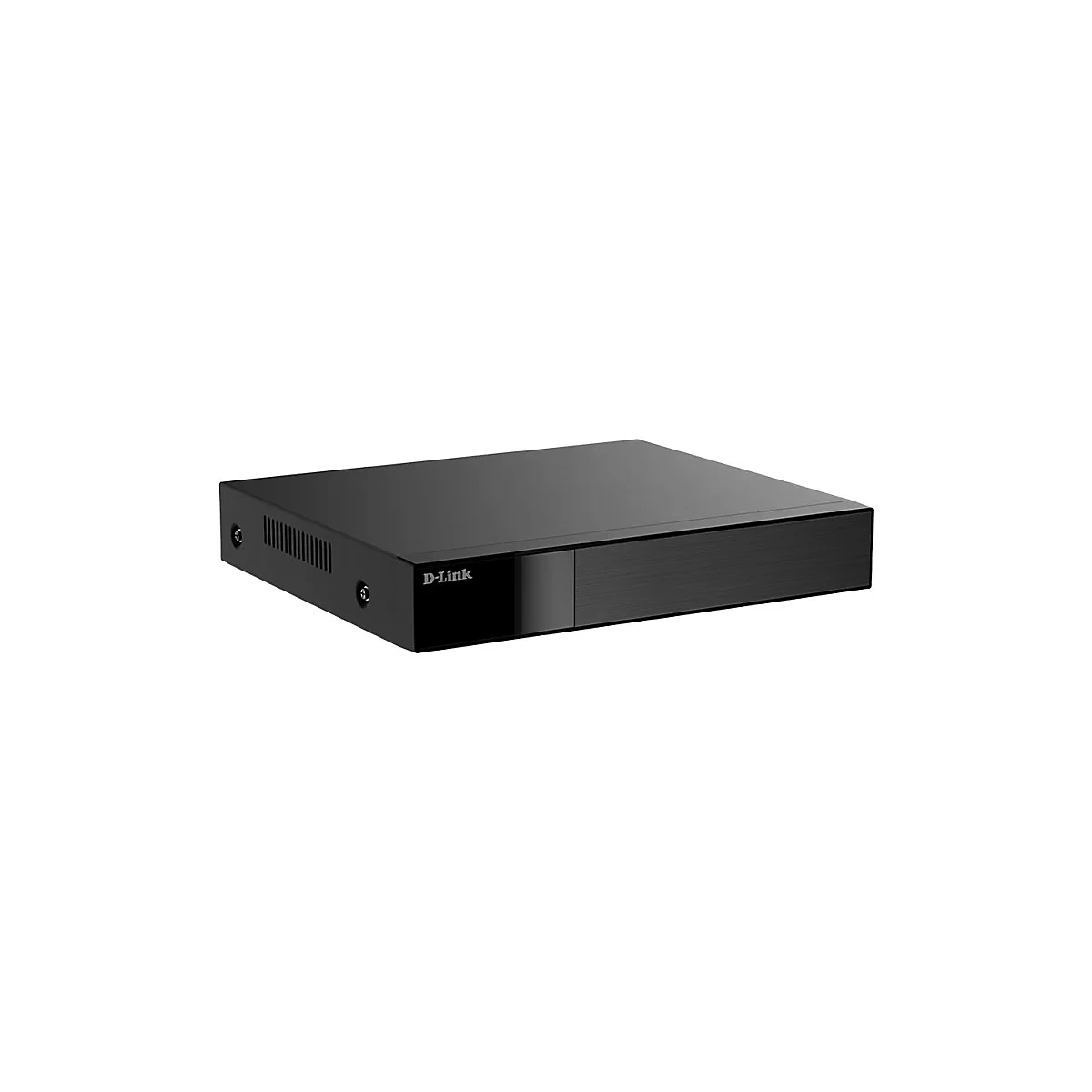 Schwarzer D-Link Rekorder in flacher, rechteckiger Form vor weißem Hintergrund.