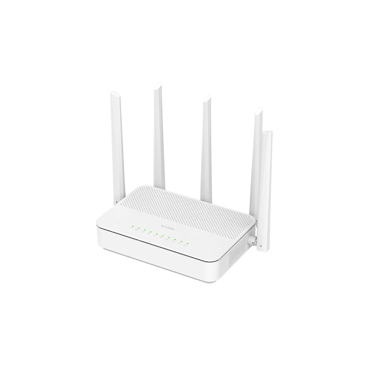 Weißer D-Link Router mit vier Antennen und grünen Status-LEDs auf weißem Hintergrund.