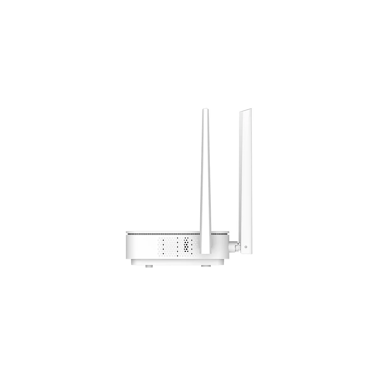 Seitenansicht eines weißen WLAN-Routers mit zwei vertikalen Antennen auf hellem Hintergrund.