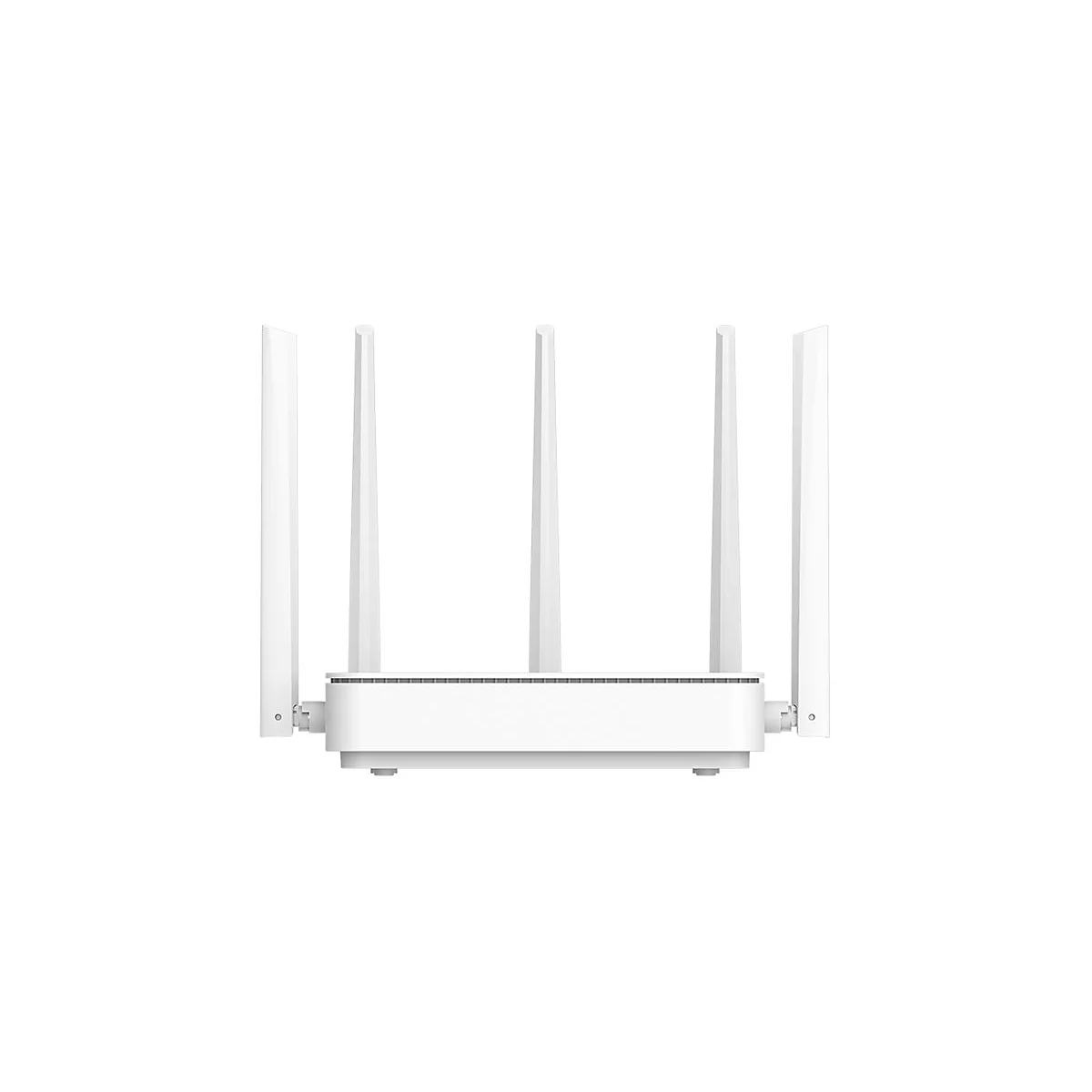 Ein weißer WLAN-Router mit vier senkrechten Antennen vor einem neutralen Hintergrund.