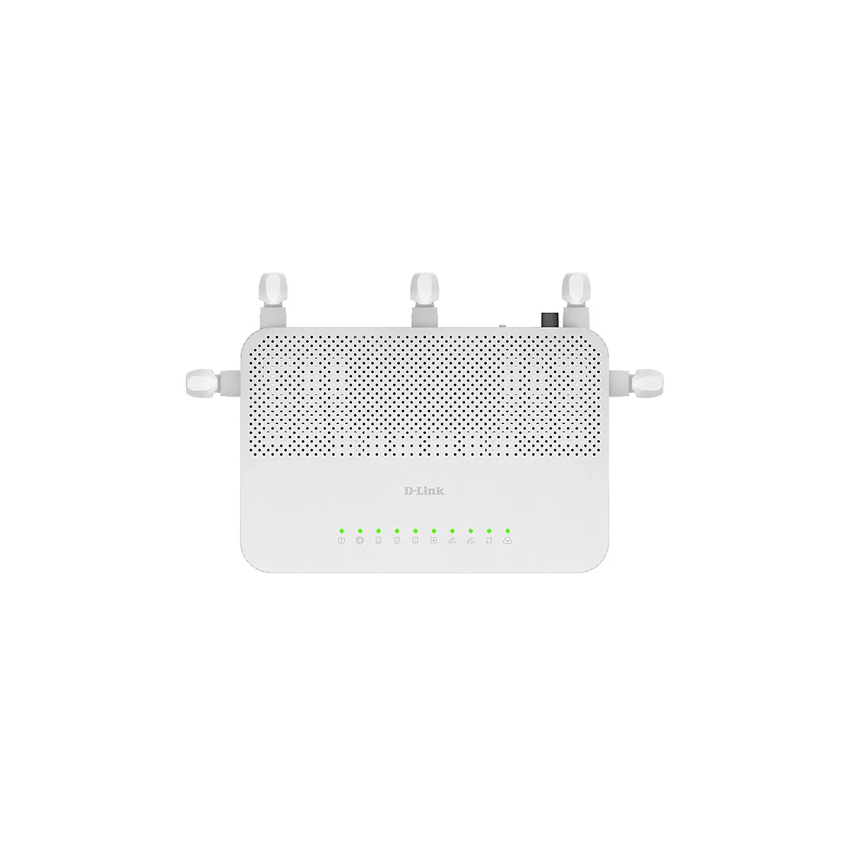 Weißer D-Link WLAN-Router mit fünf Antennen und Status-LEDs auf der Vorderseite.