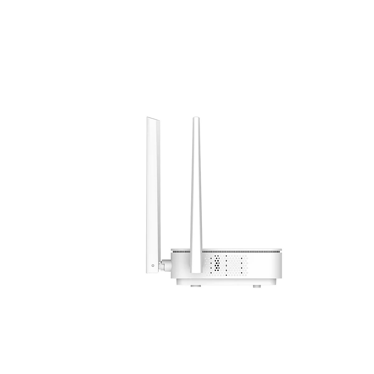 Seitenansicht eines weißen WLAN-Routers mit zwei Antennen vor weißem Hintergrund.