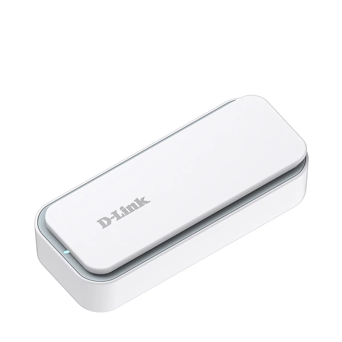 Ein weißes D-Link-Gerät, länglich, rechteckig. Auf dem Deckel ist das D-Link-Logo zu sehen.