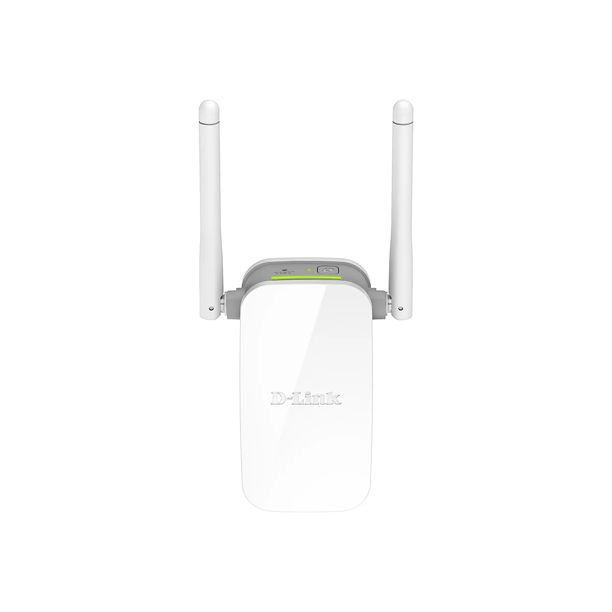 Ein weißer D-Link WLAN-Repeater mit zwei Antennen, die aus dem oberen Teil ragen. Einige grüne Lichter sind zu sehen.