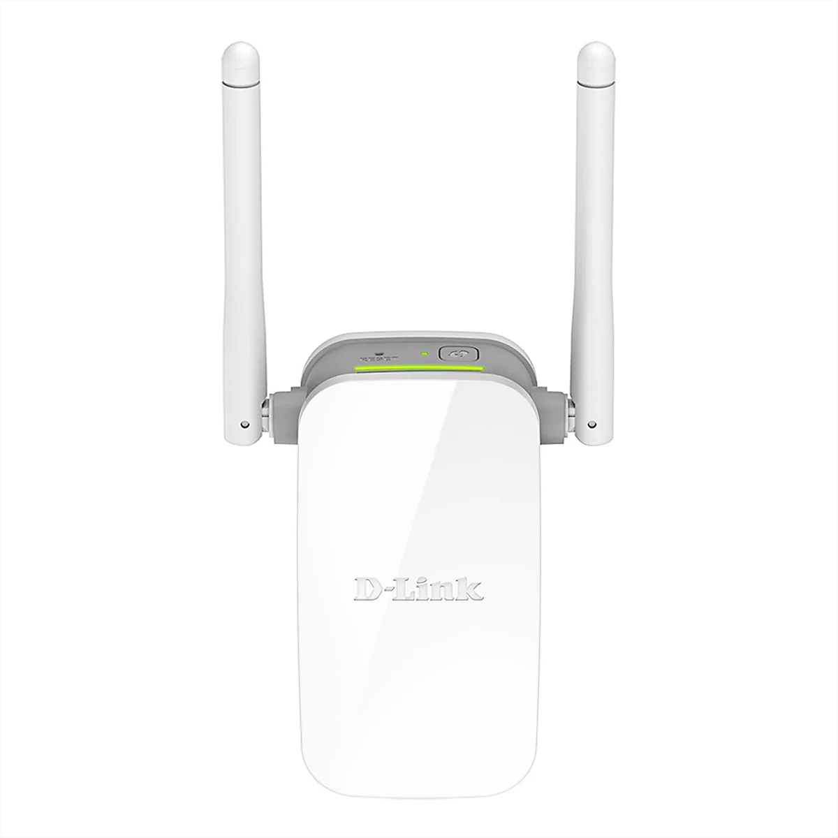Ein weißer D-Link WLAN-Repeater mit zwei grauen Antennen auf weißem Hintergrund.