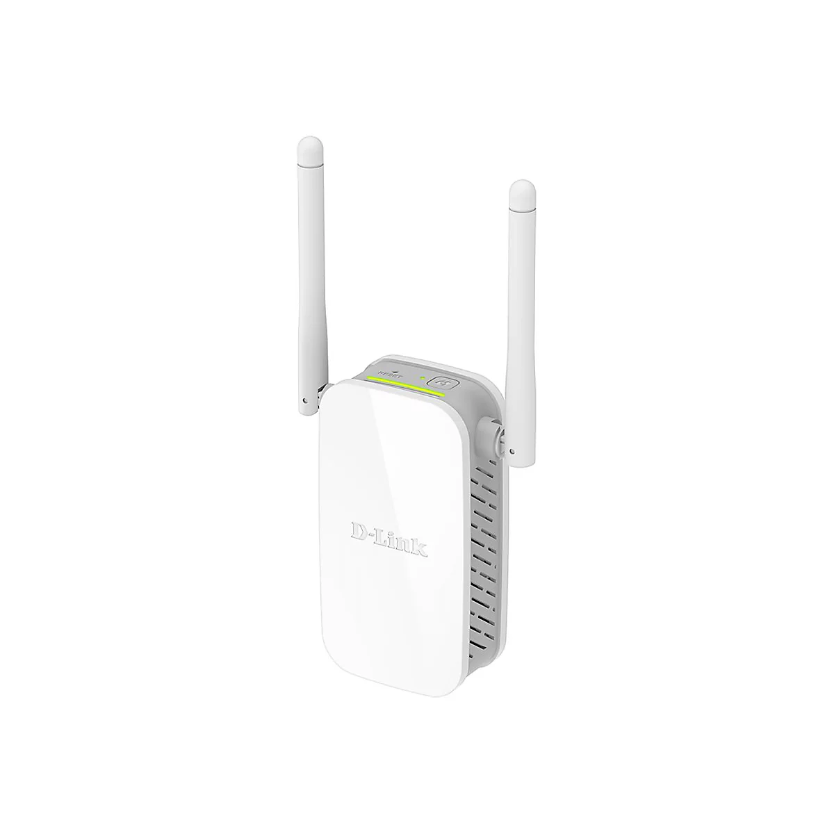 Ein weißer D-Link WLAN-Repeater mit zwei Antennen. Auf der Vorderseite das D-Link-Logo.