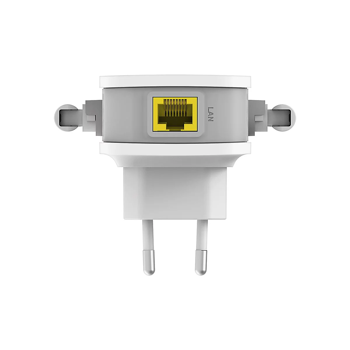 Weißer Adapter mit LAN-Anschluss, Steckern und Antennen. Auf grauer Oberfläche ist LAN beschriftet.