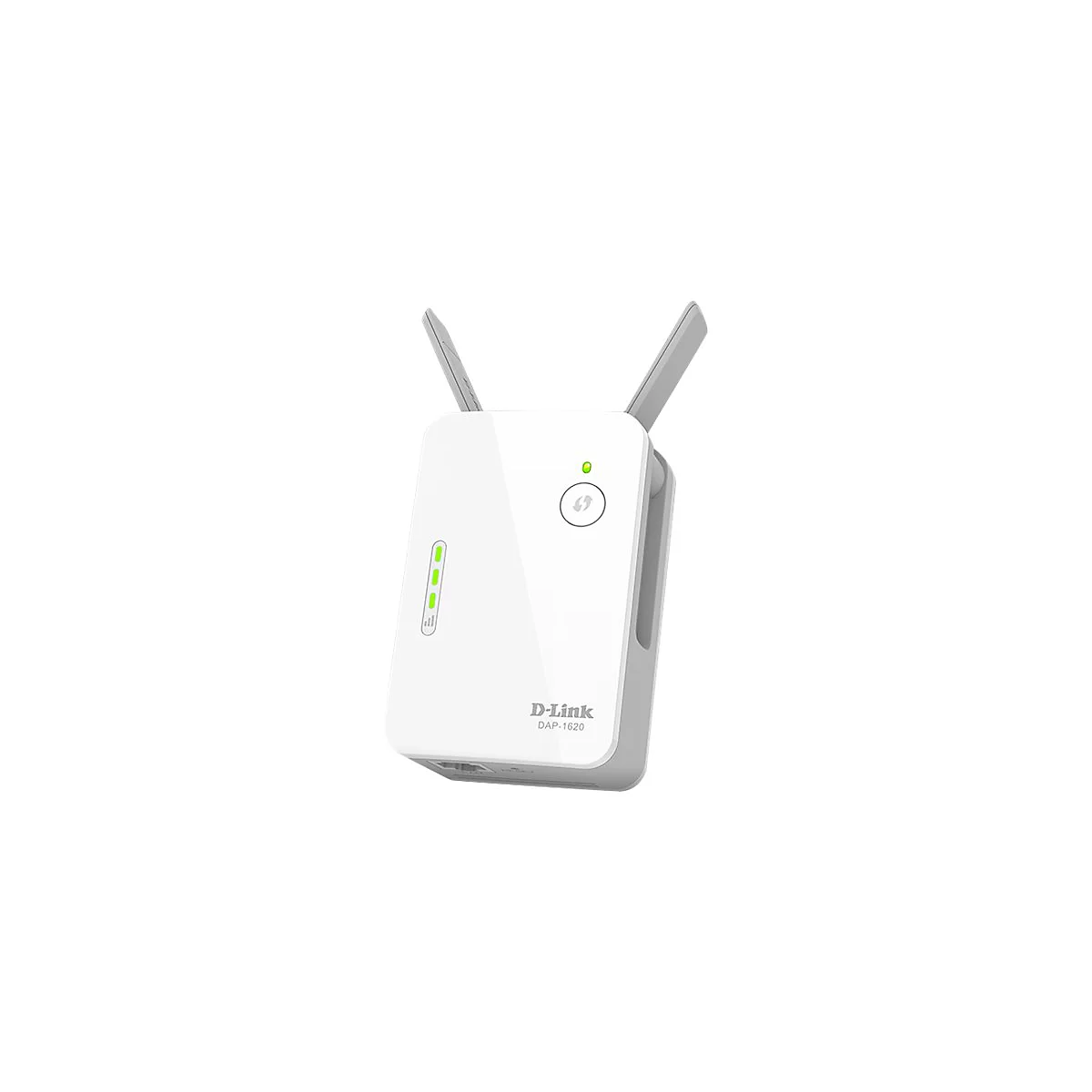 Un répéteur Wi-Fi D-Link blanc avec deux antennes. Des LED et un bouton avec une flèche sont visibles à l'avant.