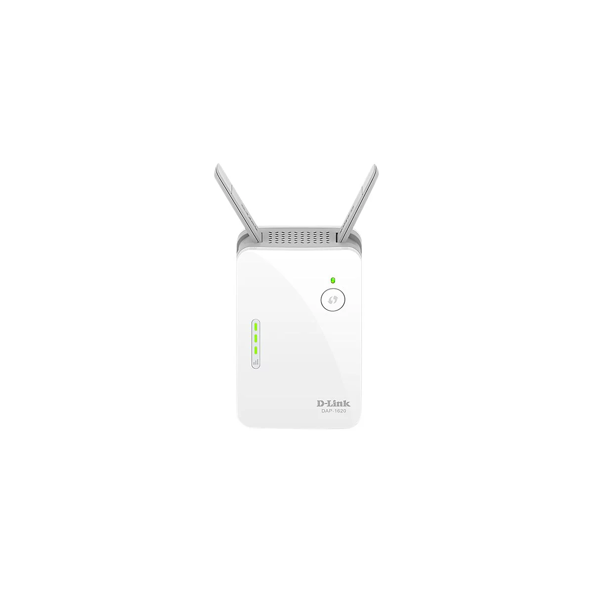 Répéteur wifi D-Link blanc avec deux antennes. Des LED et un bouton d'alimentation sont présents à l'avant.