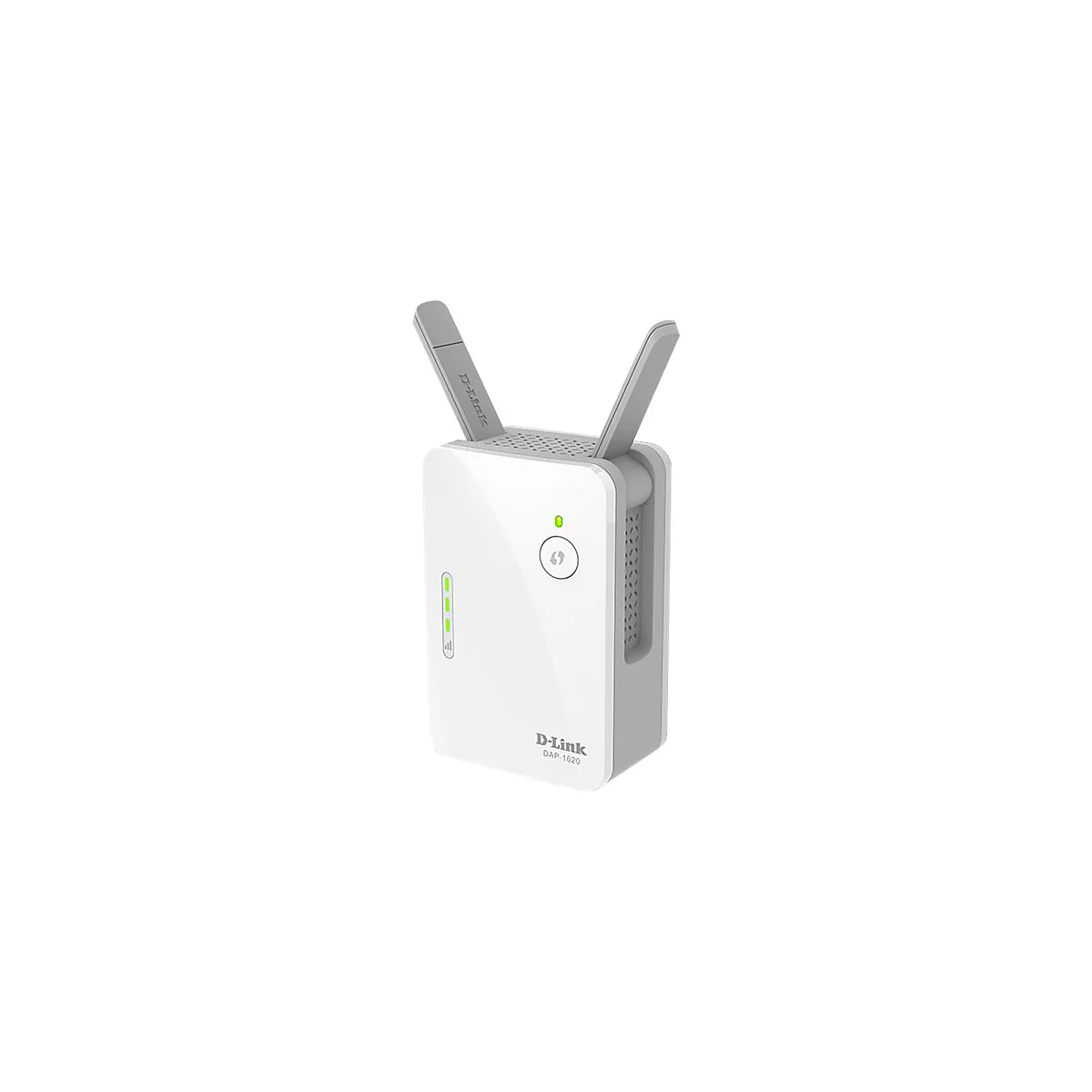 Un répéteur Wi-Fi D-Link blanc et gris avec antennes et LED vertes.
