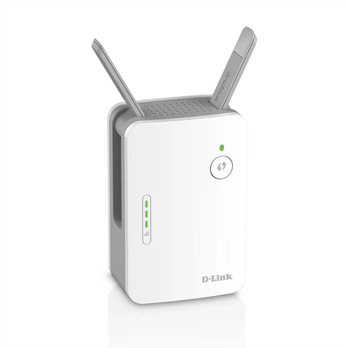 Un répéteur Wi-Fi D-Link blanc avec des antennes dépliées et une LED verte.