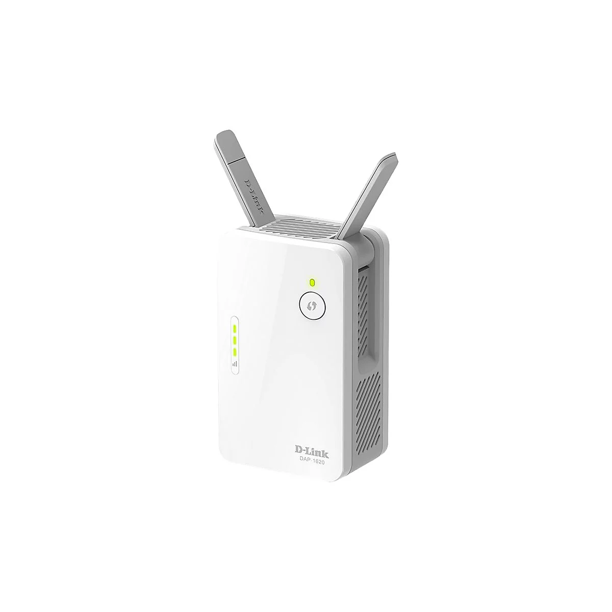 Weißer D-Link WLAN-Repeater mit zwei grauen Antennen. Grün leuchtende LEDs zeigen Status an. Logo und Modellbezeichnung.