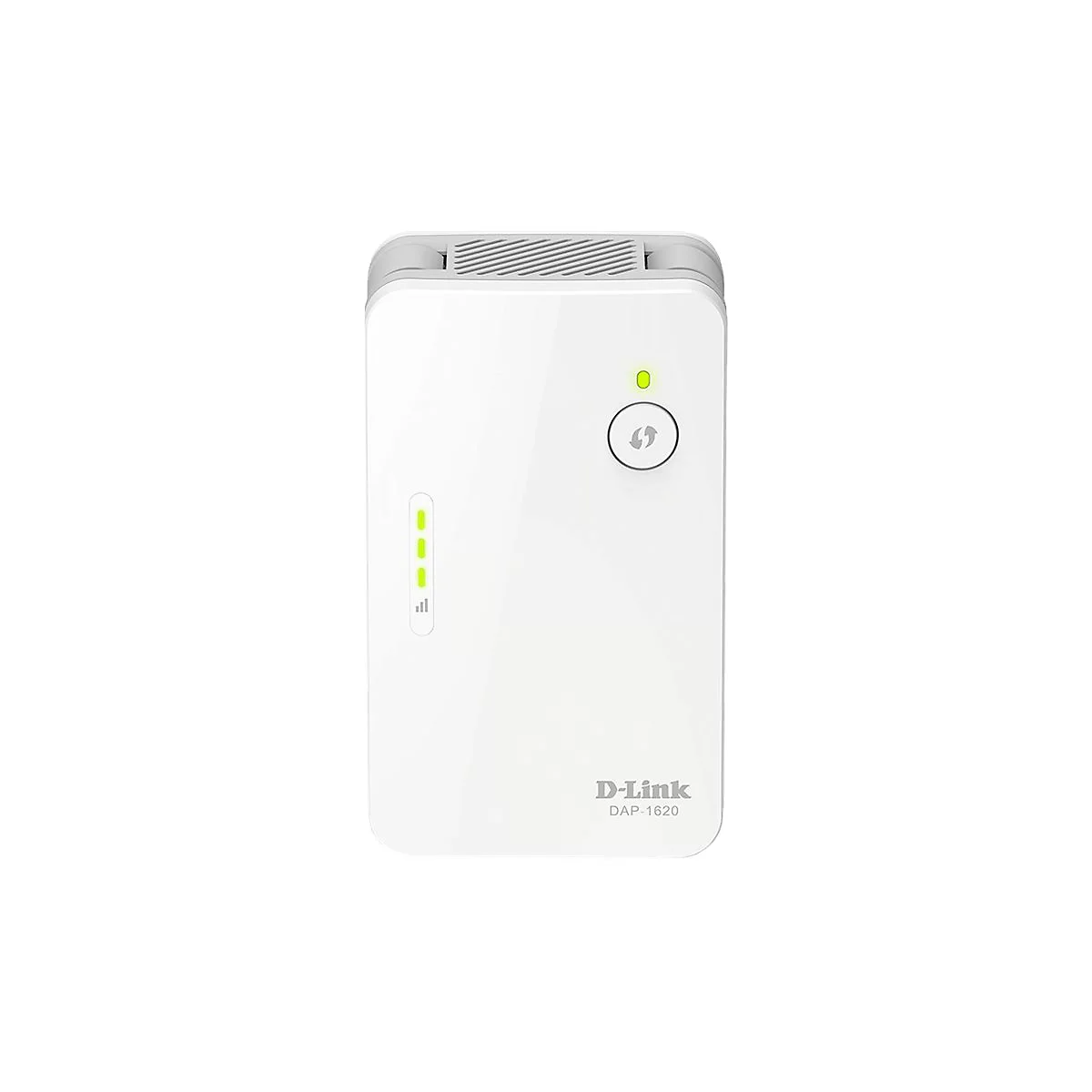 Weißer D-Link WLAN-Repeater mit grünen LEDs, Power-Button und Logo. Das Gerät hat abgerundete Ecken und ein graues Oberteil.
