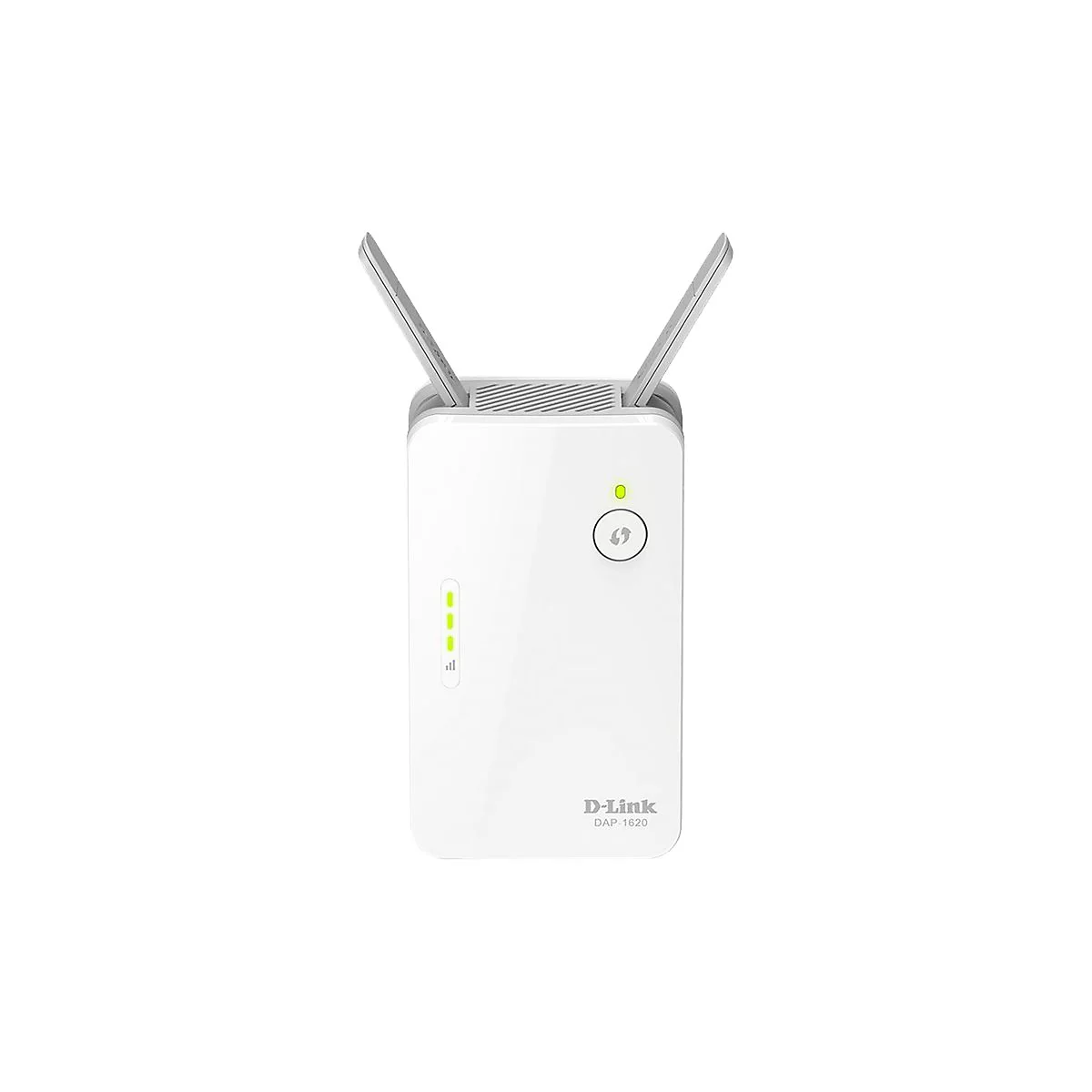 Ein weißer D-Link DAP-1620 WLAN-Repeater mit zwei Antennen. Oben mittig ein grünes Licht, darunter ein Knopf.