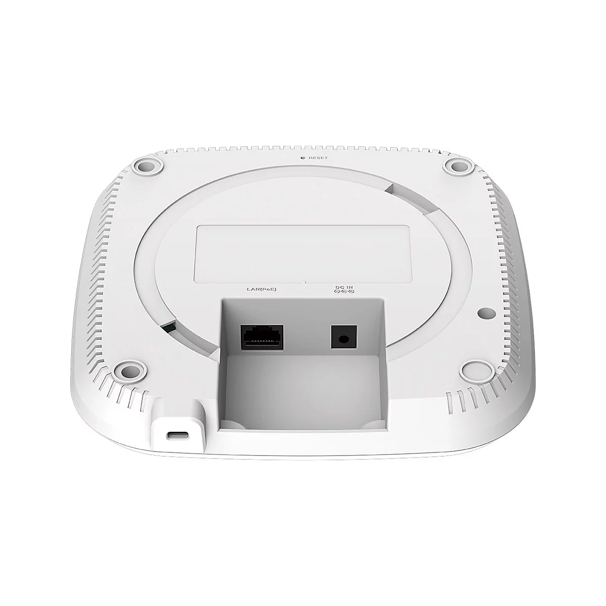 Draufsicht auf ein weißes Netzwerkgerät mit Anschlüssen, Beschriftungen und einer Reset-Taste.