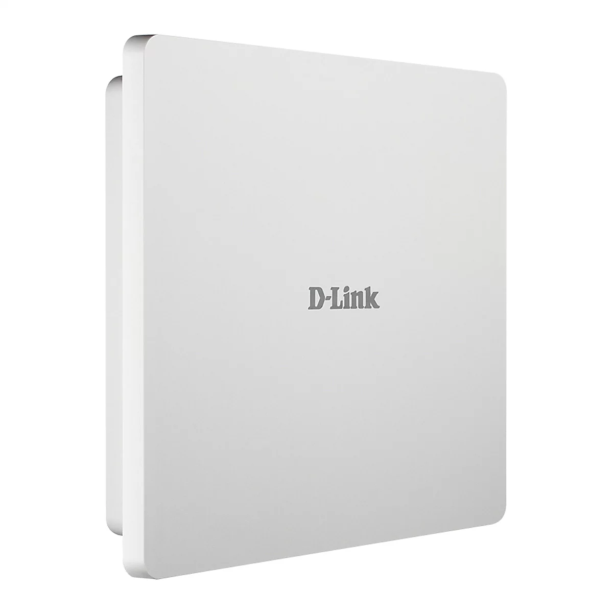 Ein weißer, quadratischer D-Link WLAN-Access-Point vor weißem Hintergrund.