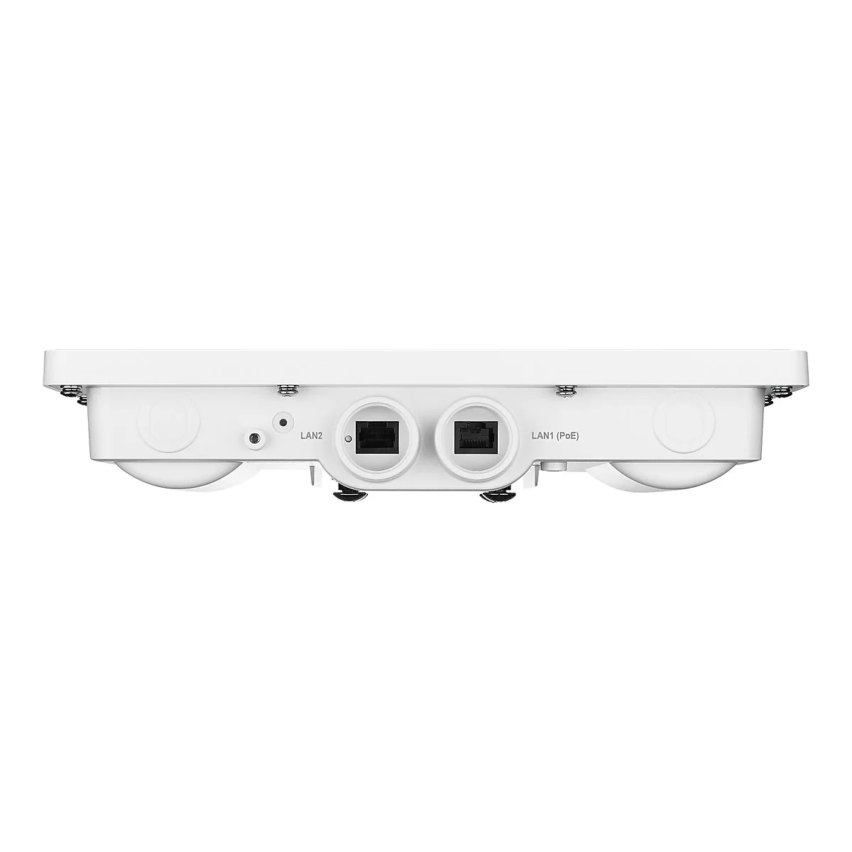 Unterseite eines weißen Netzwerkgeräts mit zwei LAN-Ports, beschriftet als LAN2 und LAN1 (PoE).