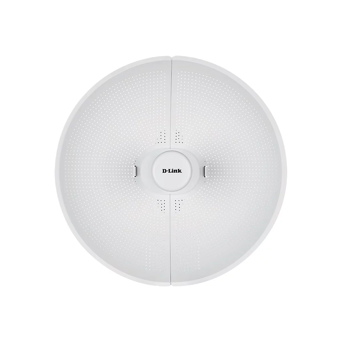 Weißes, kreisförmiges D-Link-Gerät mit Löchern; Logo mittig.