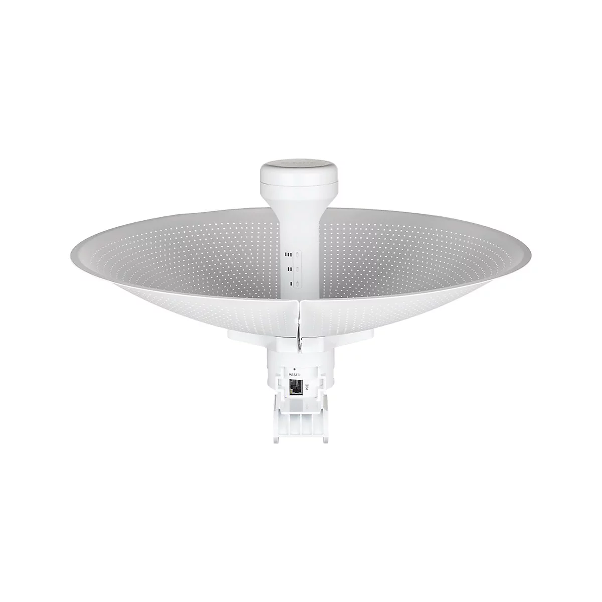 Ein weißes Richtfunkgerät mit kreisförmiger Antenne und Reset-Taste.