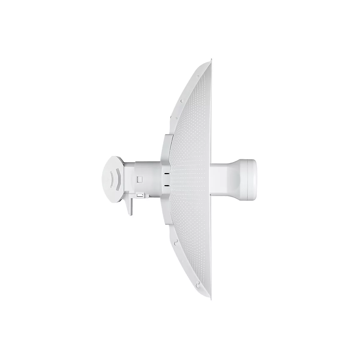 Draufsicht auf eine weiße Richtfunkantenne mit perforierter Oberfläche. Der Steg zeigt ein Symbol für ein Funksignal.