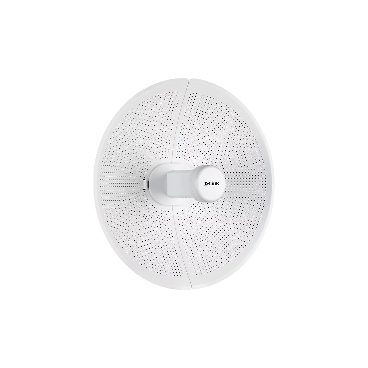 Weißes D-Link-Antennenmodul, perforiert und rund. Das Logo ist auf dem zentralen Teil sichtbar.