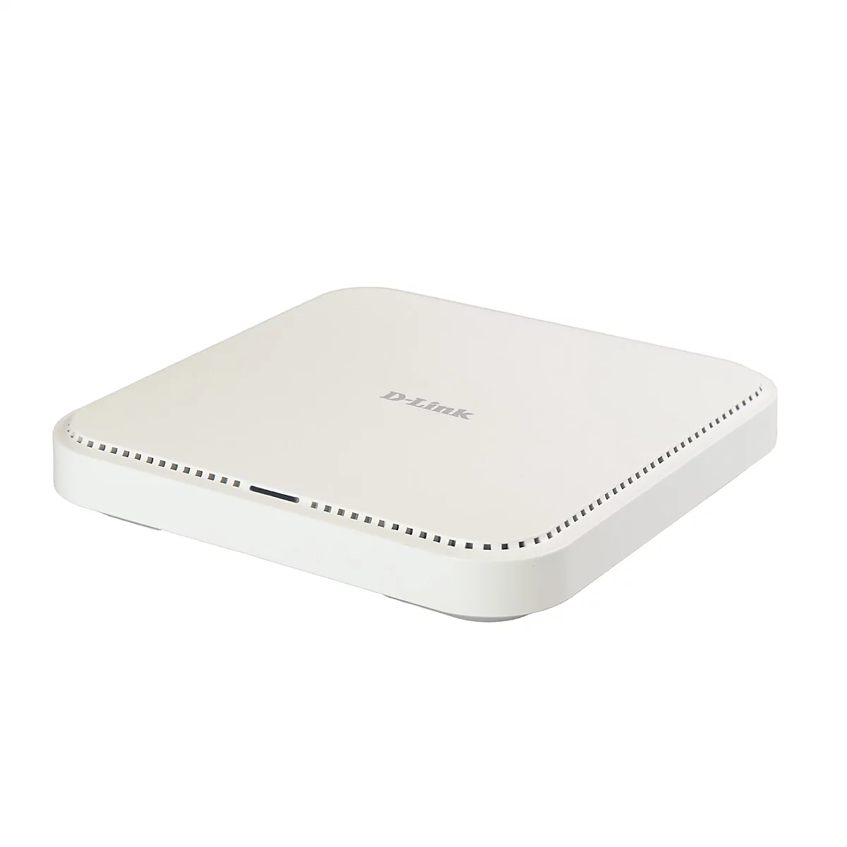 Weißer, quadratischer D-Link Wireless Access Point mit abgerundeten Ecken auf weißem Hintergrund.
