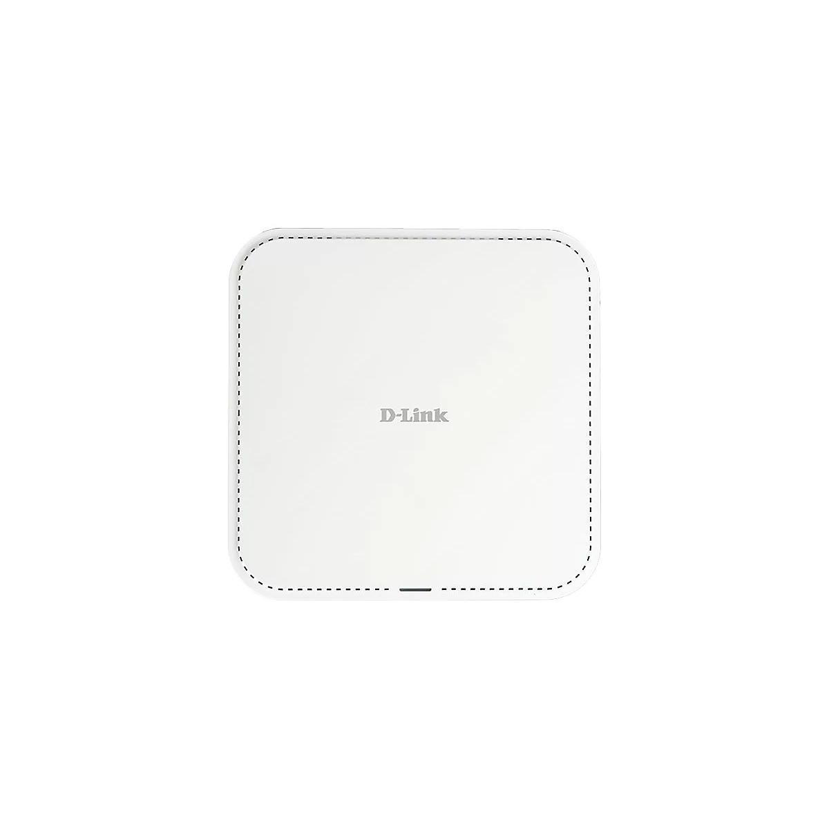 Quadratischer, weißer D-Link Access Point mit abgerundeten Ecken und mittigem Logo vor weißem Hintergrund.