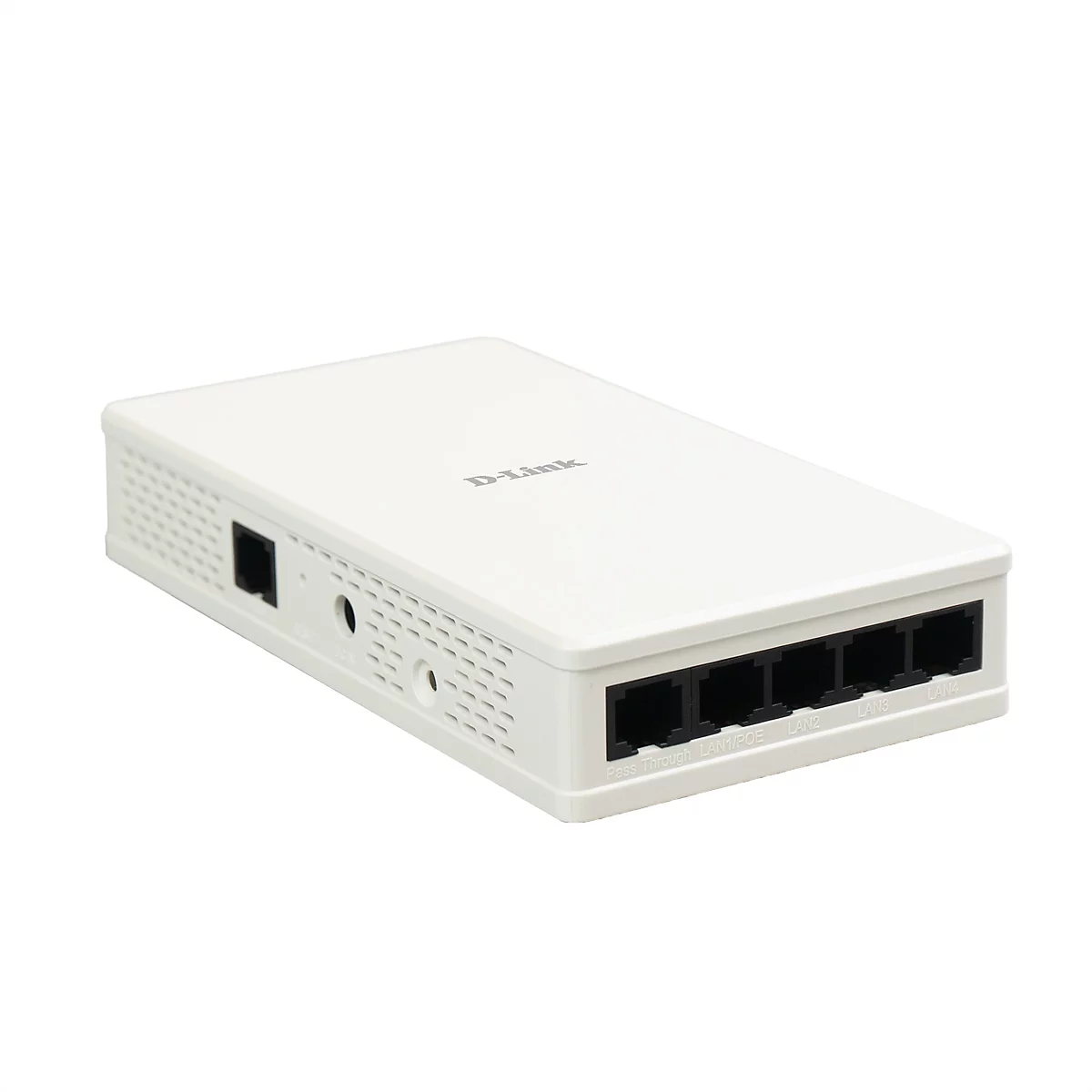 Weißer D-Link Netzwerk-Switch mit vier LAN-Ports und einem Pass-Through-Anschluss auf weißem Hintergrund.