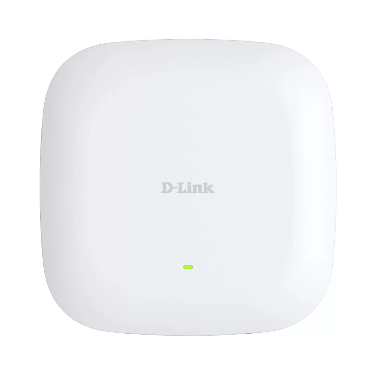 Weißer D-Link WLAN-Accesspoint mit grünem Licht. Oben abgerundete Form, D-Link Logo in der Mitte.