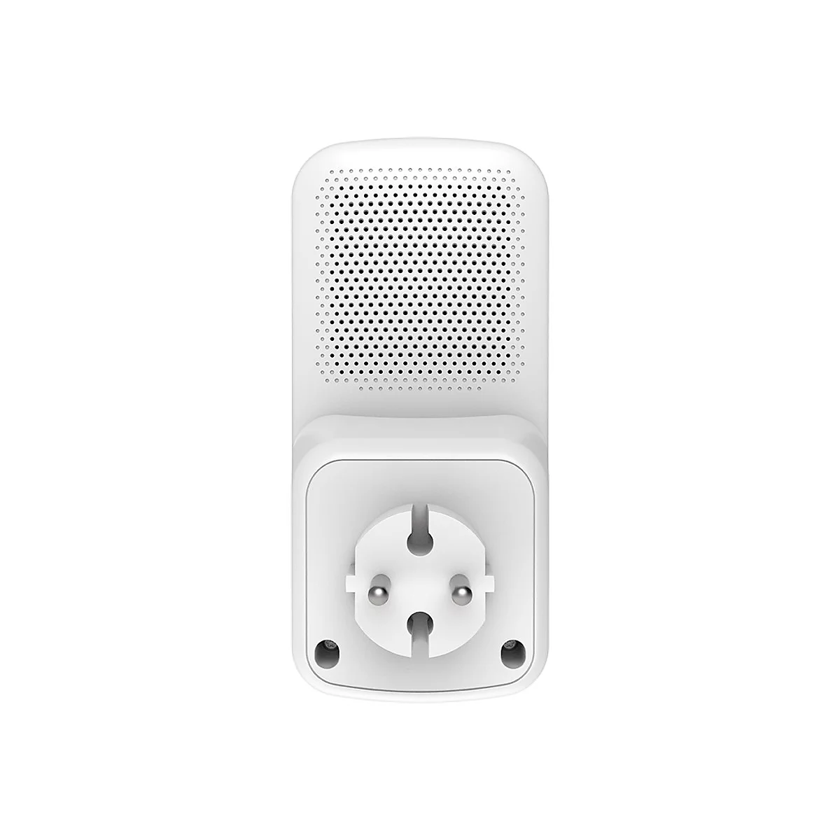 Draufsicht auf ein weißes, rechteckiges Smart-Home-Gerät mit Lautsprecherlöchern oben und Stecker unten. Drei Löcher sind für den Stecker sichtbar.