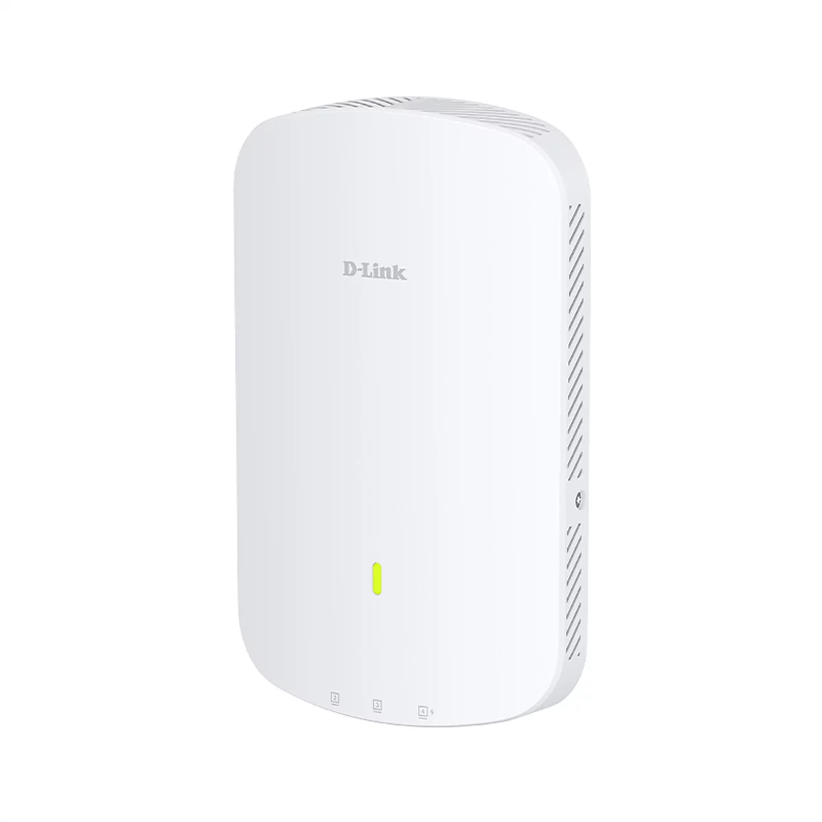 Weißes D-Link-Gerät, rechteckig, abgerundete Ecken, grüne LED, D-Link-Logo. Unten Symbole, rechte Seite mit Schlitzen.