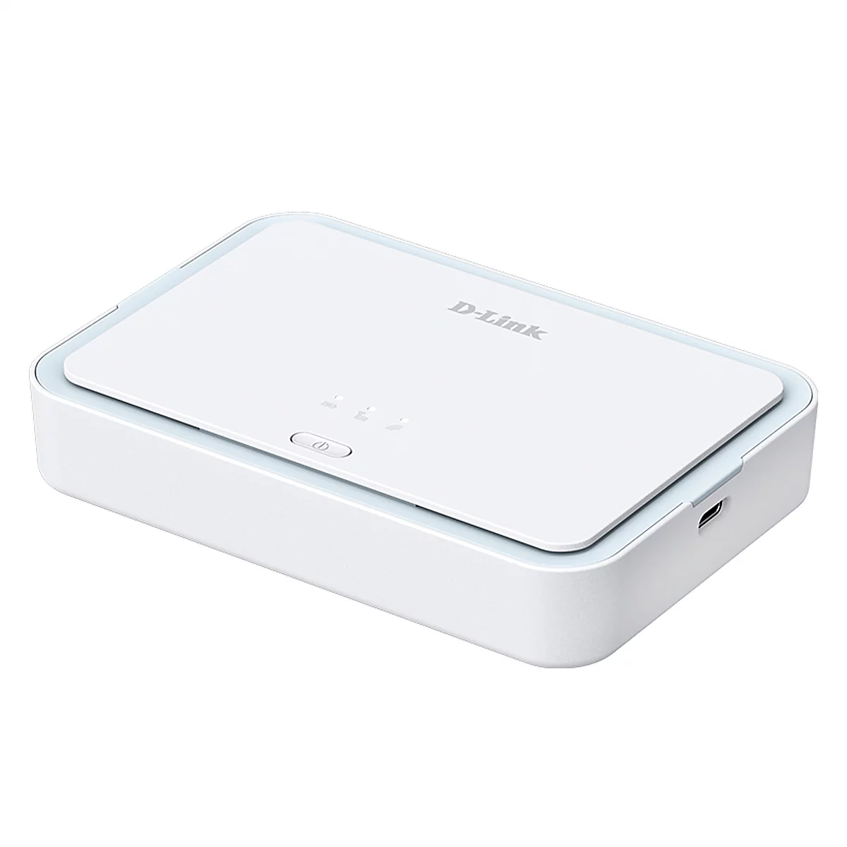 Weißer D-Link-Switch, der leicht von oben gesehen wird. Auf der Oberseite befinden sich das Firmenlogo und Kontrollleuchten.