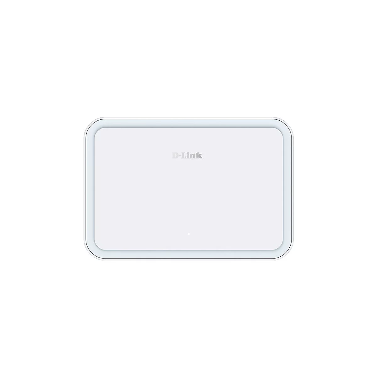 Rechteckiger, weißer WLAN-Router mit abgerundeten Ecken. Oben mittig steht der Schriftzug D-Link.