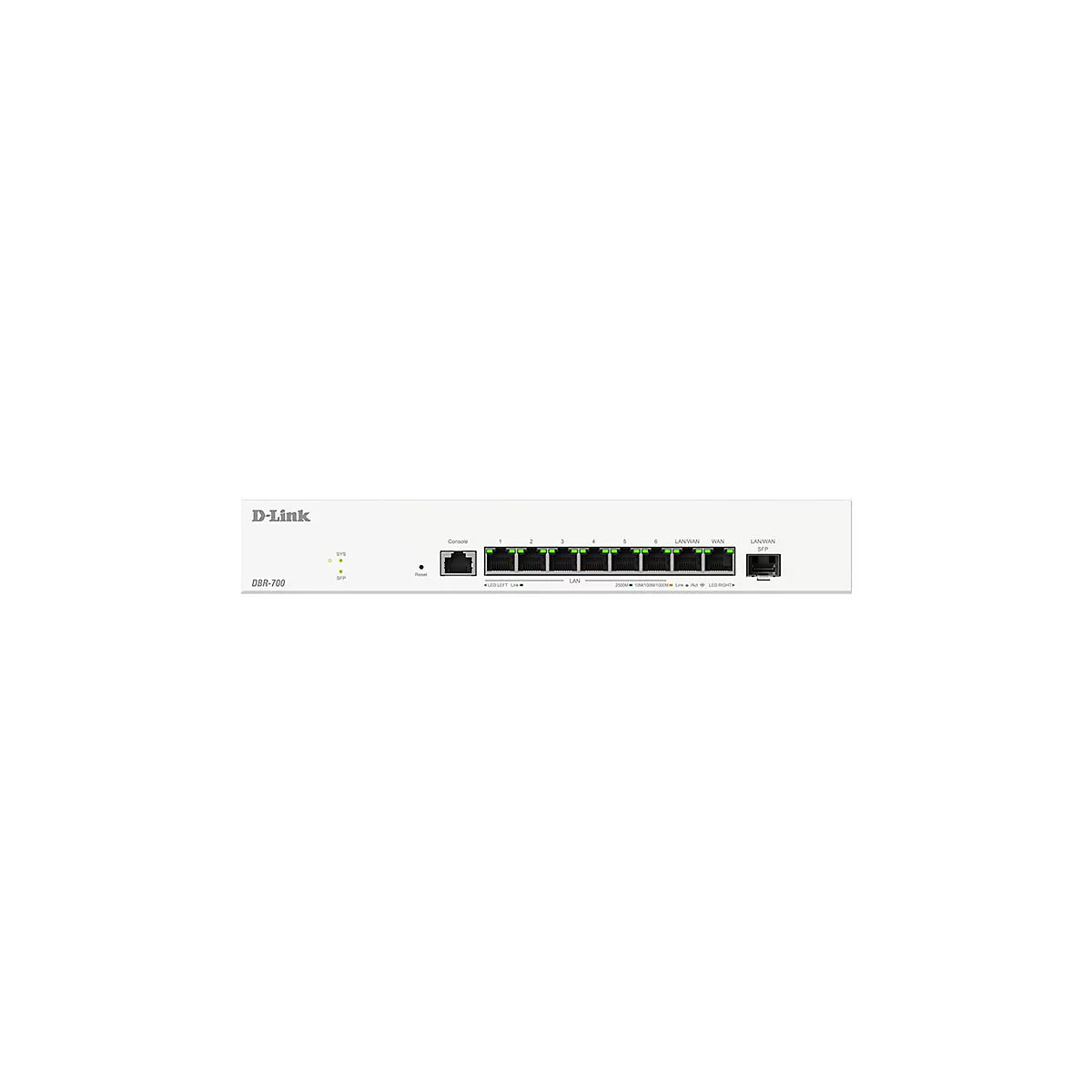 Ein weißes D-Link Netzwerkgerät mit Ports, LEDs und Beschriftungen. Das Modell ist DBR-700.