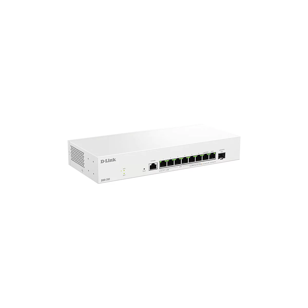 Ein weißer D-Link Router DBR-700. Auf der Vorderseite: Ports und Status-LEDs. Aufschrift: D-Link, DBR-700.