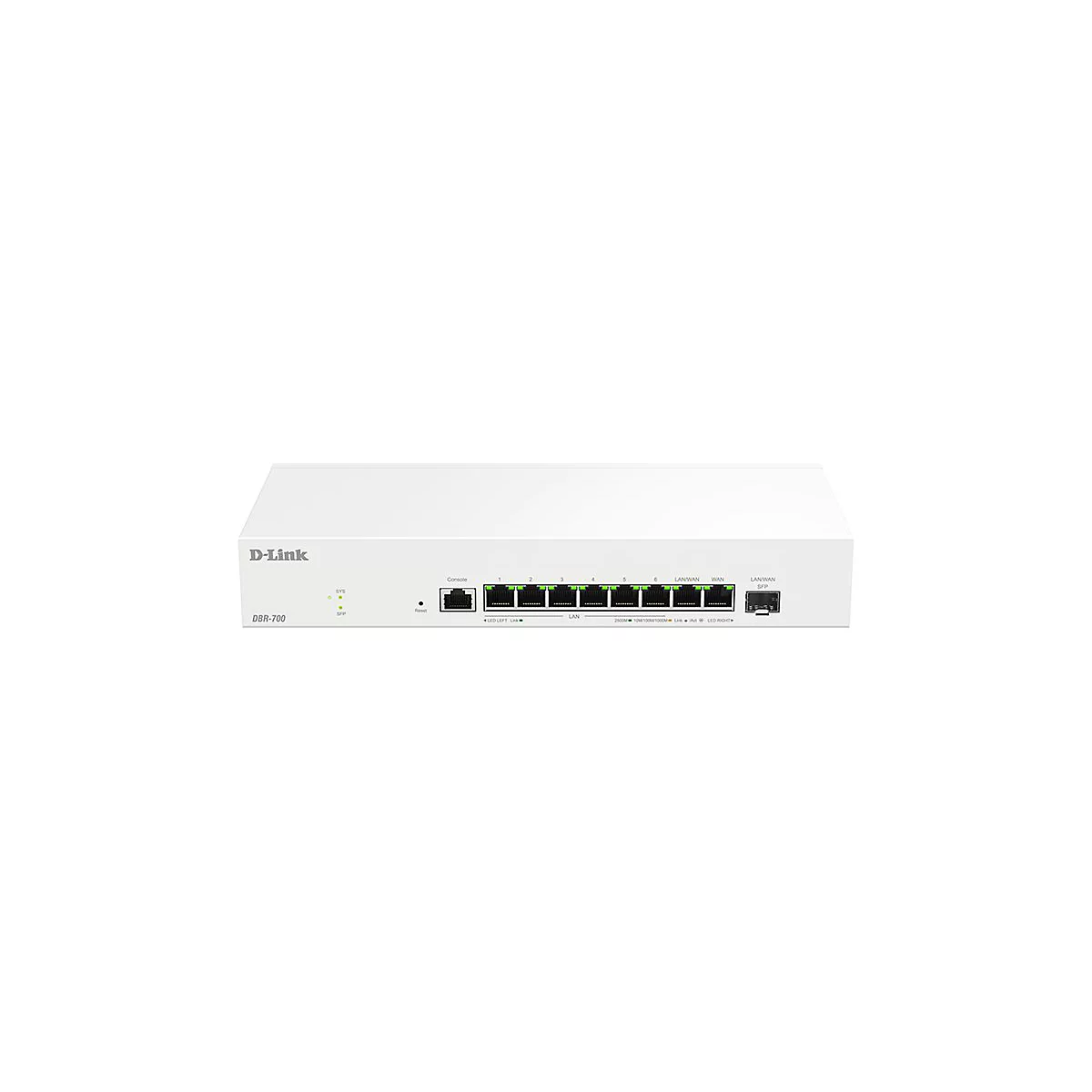 Ein weißer D-Link DBR-700 Router. Auf der Vorderseite sind Anschlüsse, LEDs und Beschriftungen wie "Console" und "LAN/WAN" zu sehen.