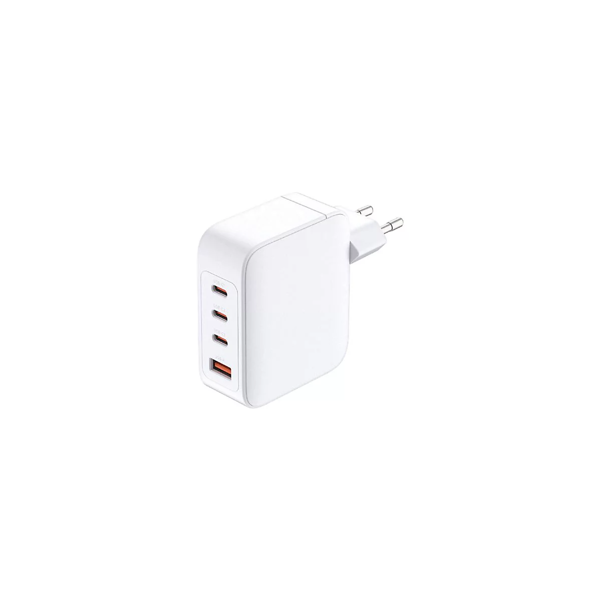 Weißes Ladegerät mit mehreren USB-Anschlüssen, Netzstecker. Anschlüsse mit Beschriftung: USB-C1, USB-C2, USB-C3, USB-A.