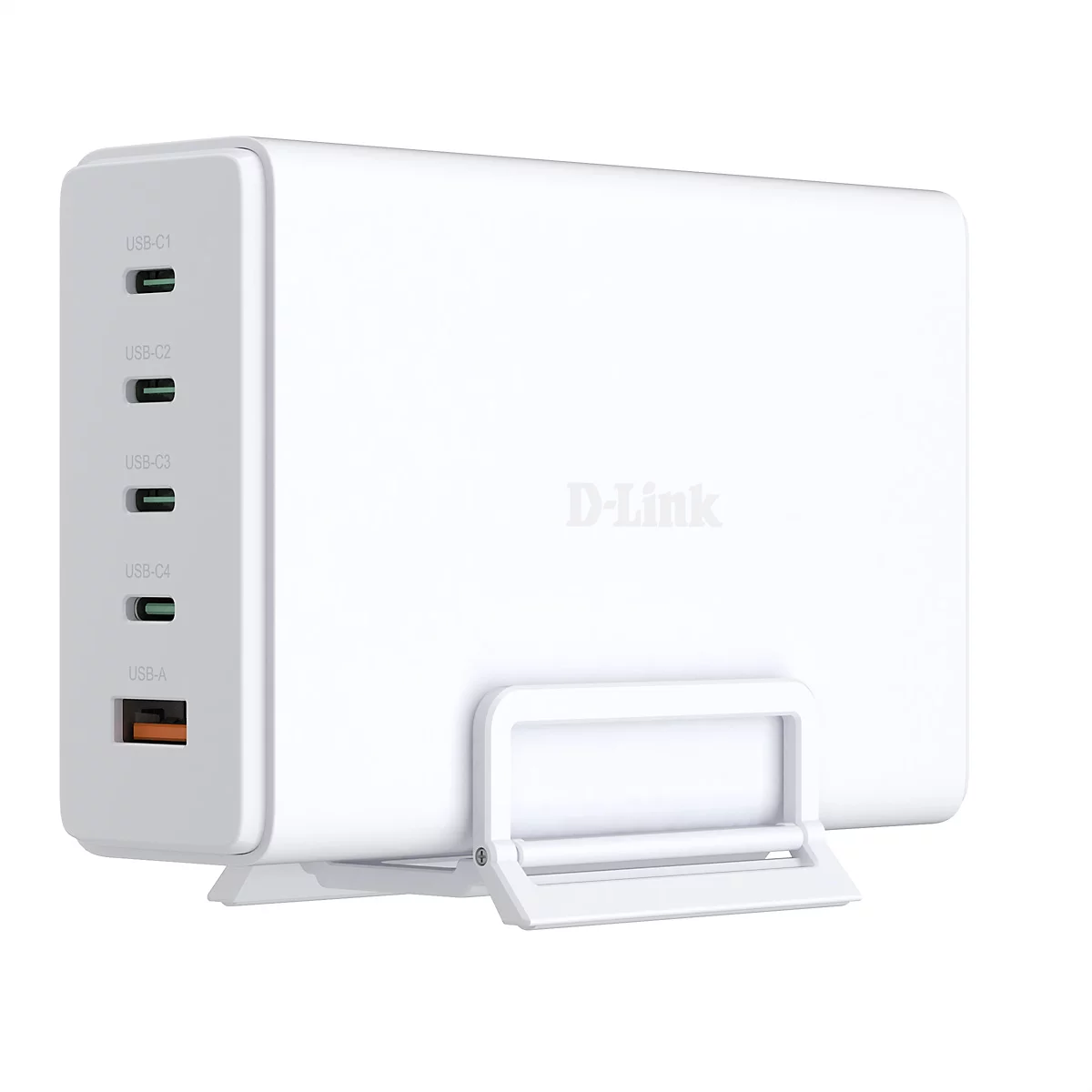 Weißes D-Link Ladegerät mit mehreren USB-C und USB-A Anschlüssen. Auf der Rückseite ist ein ausklappbarer Ständer angebracht.