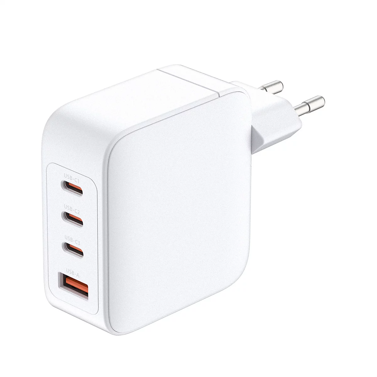 Weißes Ladegerät mit mehreren USB-Anschlüssen. Aufschrift: USB-C1, USB-C2, USB-C3, USB-A.