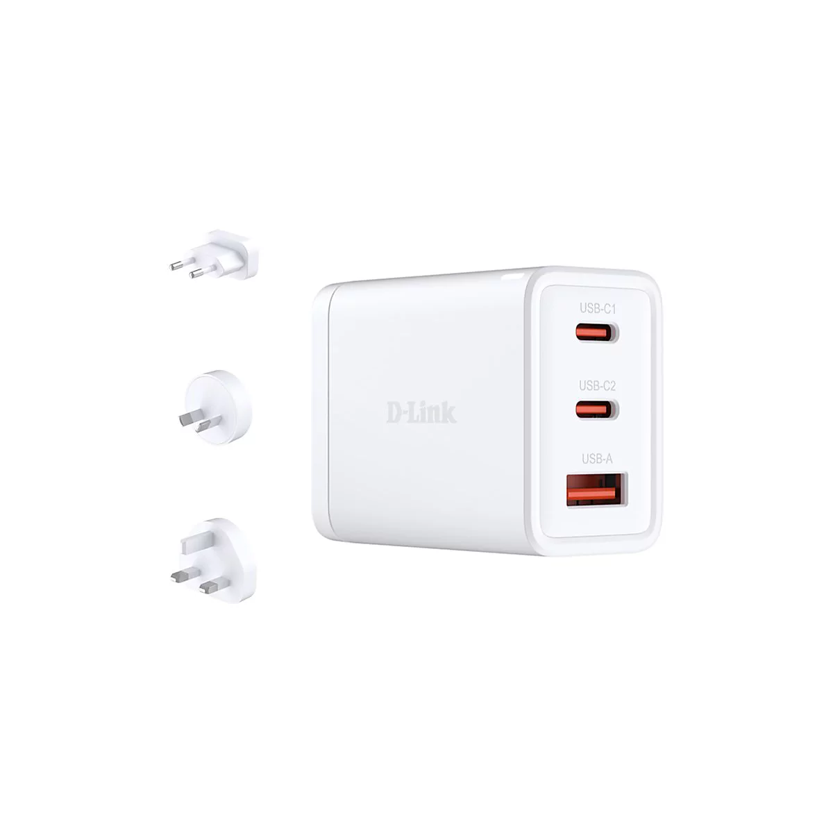 Weißes D-Link-Ladegerät mit USB-C und USB-A Anschlüssen. Drei austauschbare Stecker liegen daneben.