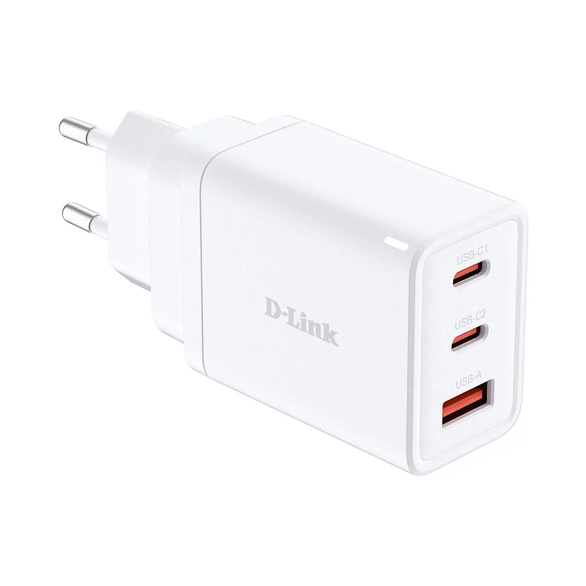 Weißes D-Link USB-Ladegerät mit Steckern. Drei USB-Anschlüsse, darunter USB-C. Aufschrift "D-Link".