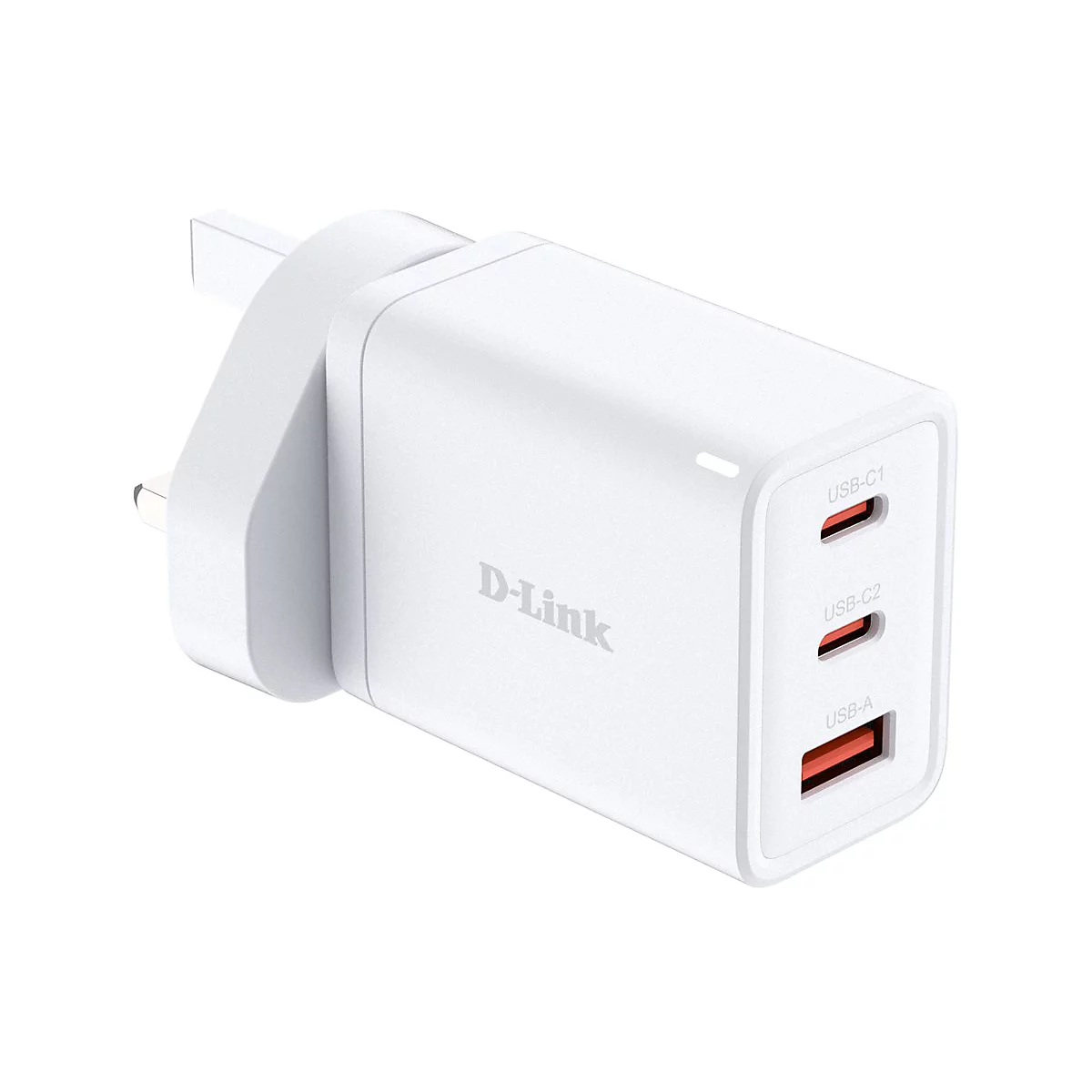 Weißes D-Link-Ladegerät mit drei USB-Anschlüssen. Aufschrift: USB-C1, USB-C2, USB-A.