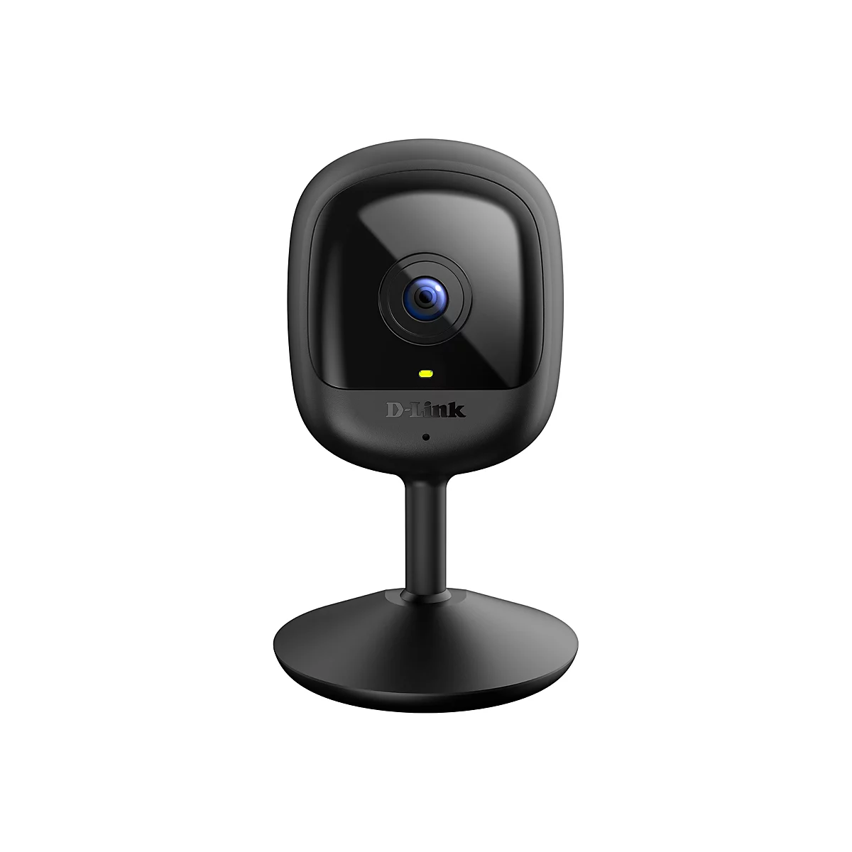 Schwarze D-Link Überwachungskamera auf weißem Hintergrund, mit Standfuß.
