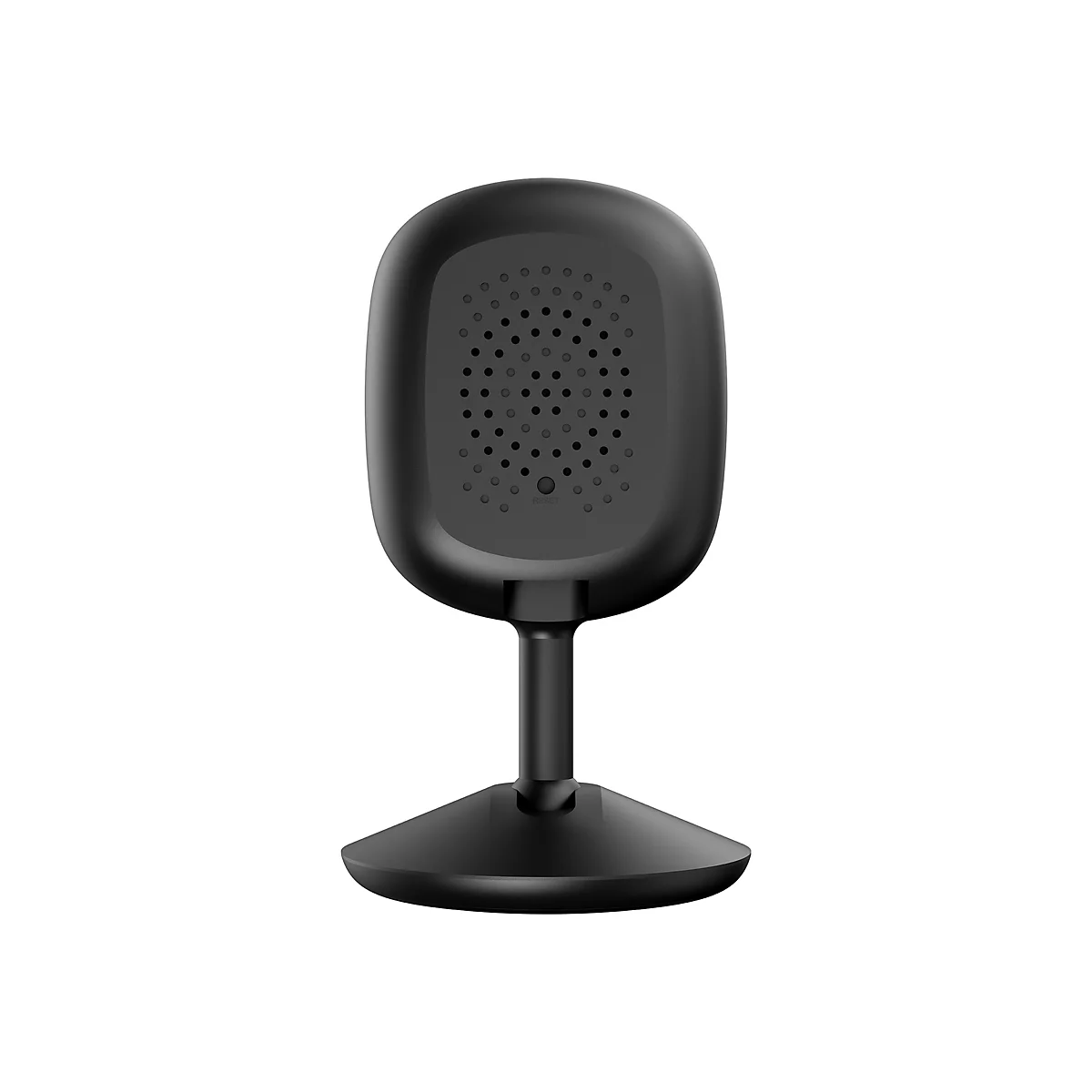 Schwarze Überwachungskamera mit rundem Gehäuse auf einem schwarzen Standfuß. Auf der Rückseite sind Löcher und ein Reset-Knopf.