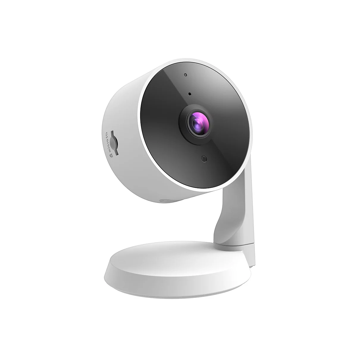 Weiße Überwachungskamera mit schwarzer Linse und pinkfarbener Linse vor weißem Hintergrund.