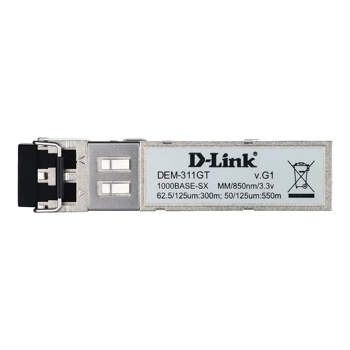 Un module D-Link gris avec l'inscription DEM-311GT et des spécifications techniques.