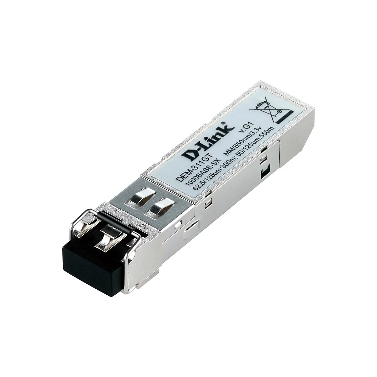 Silberfarbenes D-Link-Modul mit Aufschrift und technischen Details. Schwarzer Stecker vorn.