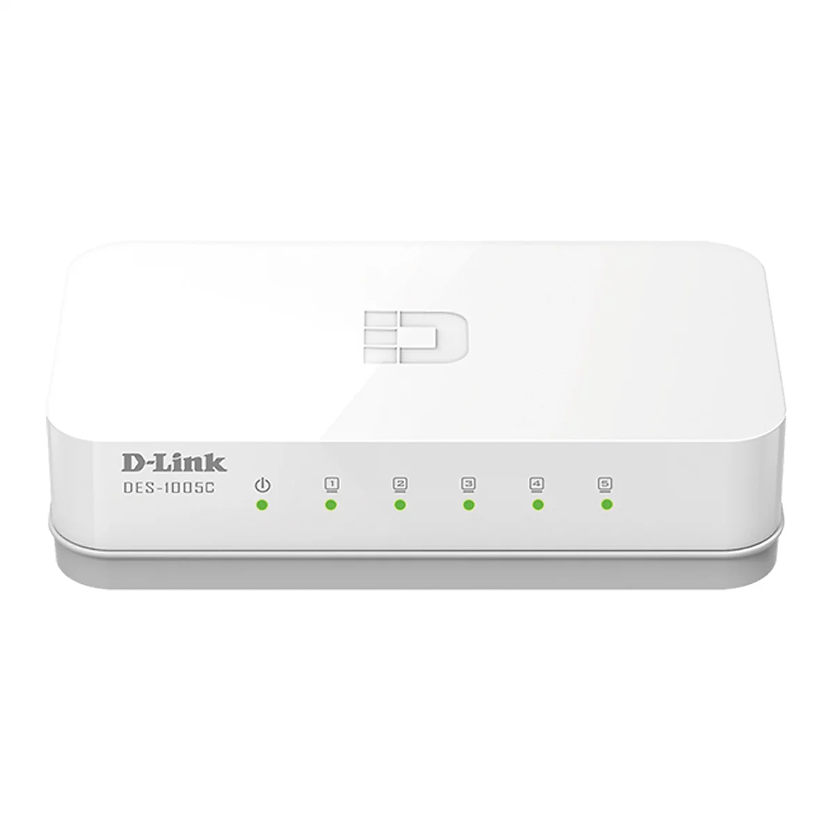 Weißer D-Link Ethernet-Switch DES-1005C, mit fünf Kontrollleuchten, D-Link-Logo.