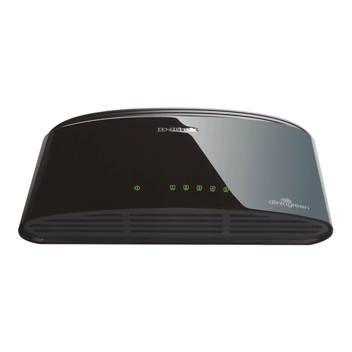 Commutateur réseau noir avec logo D-Link. Dessus gris, six lumières vertes et logo dlink green.