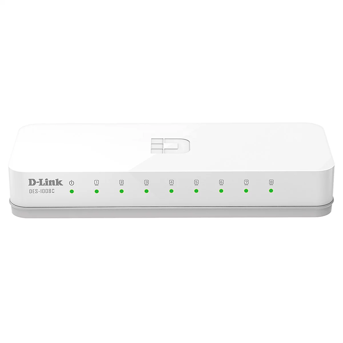 Weißer D-Link-Switch mit grünen LEDs und dem Schriftzug DES-1008C.